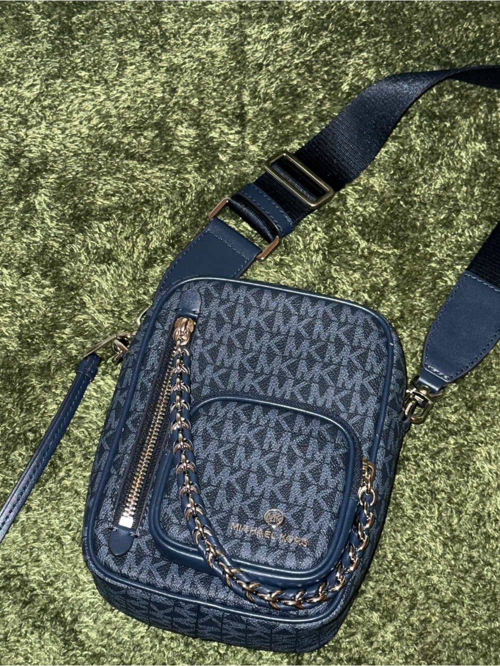 Michael Kors Navy Monogram Crossbody with Gold Chain Detail